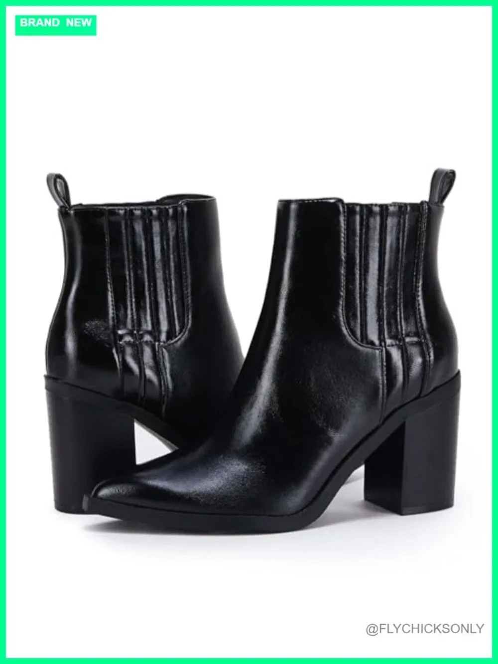 Faux Leather Ankle Booties Pointed Toe Chunky Block Heel Chelsea Slip On